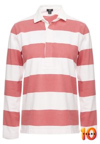 Langarm polo shirt met afwisselende koraalrode en witte strepen, gemaakt van katoen, met een kraag en een knoopsluiting met drie knopen.