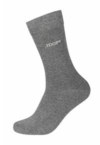 Calzino grigio in cotone con polsino a coste e il logo "JOOP!" in bianco sul lato. Texture liscia, forma standard di calzino a crew.