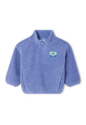 Niebieska bluza polarowa z półzamkiem z przodu i małą prostokątną naszywką na lewej piersi z napisem "AMV Super Vintage".