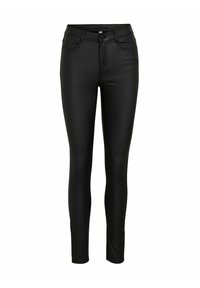 Črne skinny kavbojke iz umetnega usnja z višjim pasom, sprednjimi žepe in gladko teksturo. Imajo klasičen zadrgo in gumb za zapiranje.