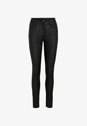 Black faux leather skinny jeans with a high waist, front pockets, and a smooth texture. Features a classic zip and button closure.