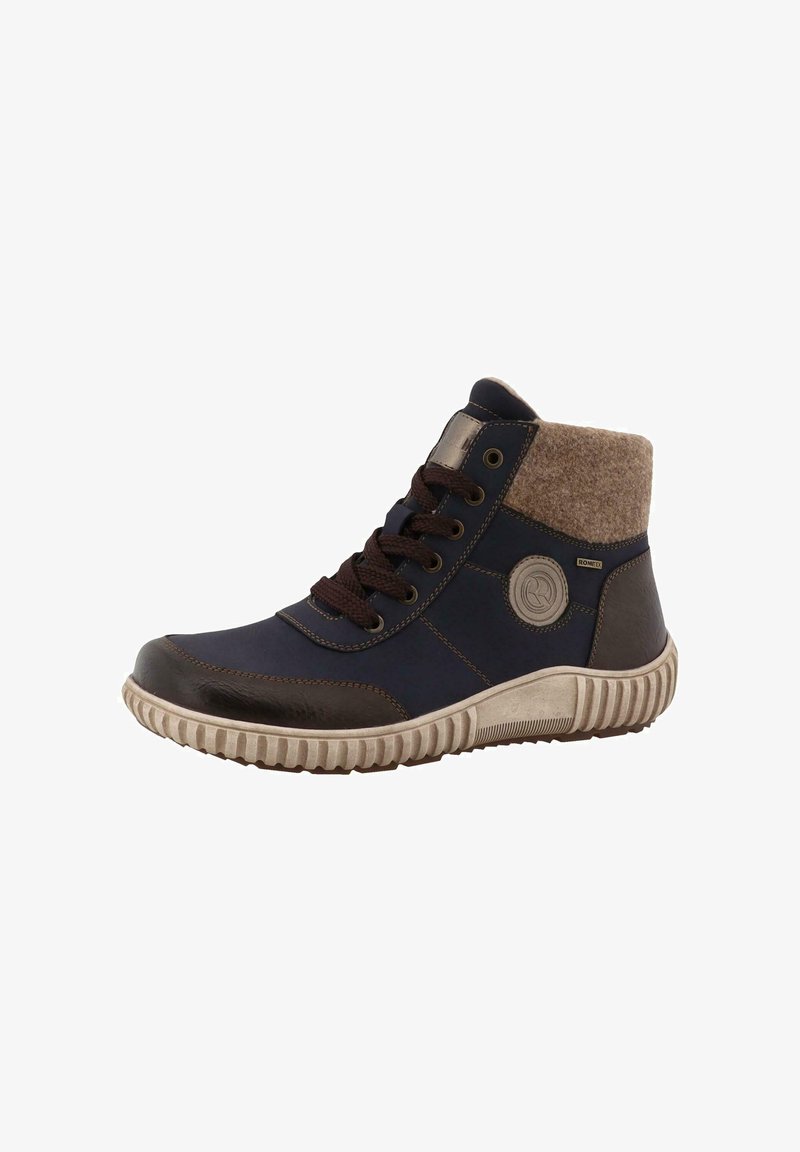 Námořnické vysoké tenisky s hnědými akcenty a filcovým límcem, se sl rubberovou podrážkou a kulatým logem na boku.