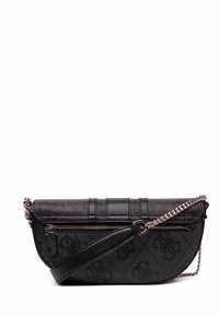 Borsa a spalla nera con pelle testurizzata, un compartimento con zip, una tracolla a catena e un motivo a logo impresso sul corpo.