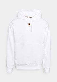 Sweat à capuche blanc avec capuche à cordon, poche avant, poignets et ourlet côtelés, avec un petit logo multicolore sur la poitrine.