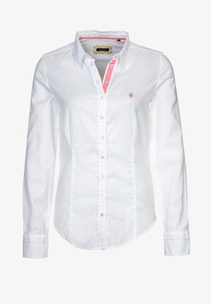 Hvid langærmet skjorte med knapper, med pink indvendig kravekant og lille rødt broderet logo på brystet.