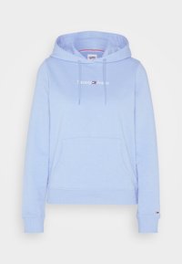 Sudadera con capucha azul claro hecha de una suave mezcla de algodón, con bolsillo delantero tipo canguro, puños acanalados y el logo bordado de "Tommy Jeans".