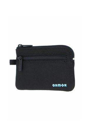 Black zippered pouch with an external horizontal zipper pocket, side pull tab, and blue "oxmox" logo on the lower right corner.