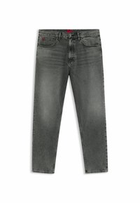 Jeans in denim grigio con finitura sbiadita, taglio dritto, cinque tasche e un'etichetta rossa sulla vita, realizzati in tessuto testurizzato.