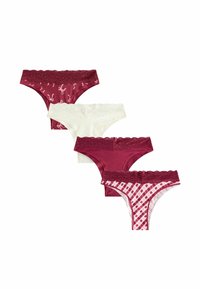 Set van vier damesonderbroeken: twee bordeaux met kanten randen, één wit en één met een patroon van bordeaux en crèmekleurige ruiten. Zacht materiaal.