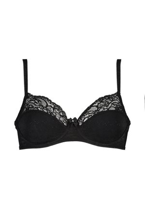 Zwarte kanten beha met beugel, verstelbare bandjes, gestippeld patroon op de cups en een klein strikdetail in het midden.