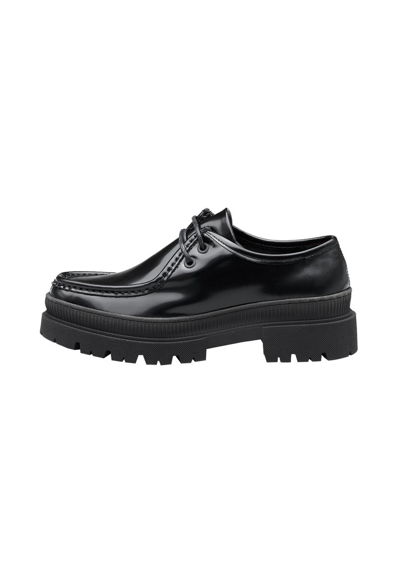 Scarpe in vernice nera con punta arrotondata, design con lacci e una suola in gomma spessa e testurizzata caratterizzata da profonde scanalature per una migliore aderenza.