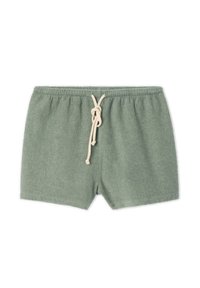 Pantaloni corti in terry verde con una texture morbida, dotati di una vita elastica e un cordino in avorio a contrasto per la regolazione.