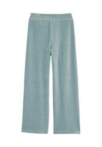 Gaiši zili kordūrveida bikses ar platām kājām, ar vertikālu ribošanu, elastīgu jostu un mīkstu tekstūru.