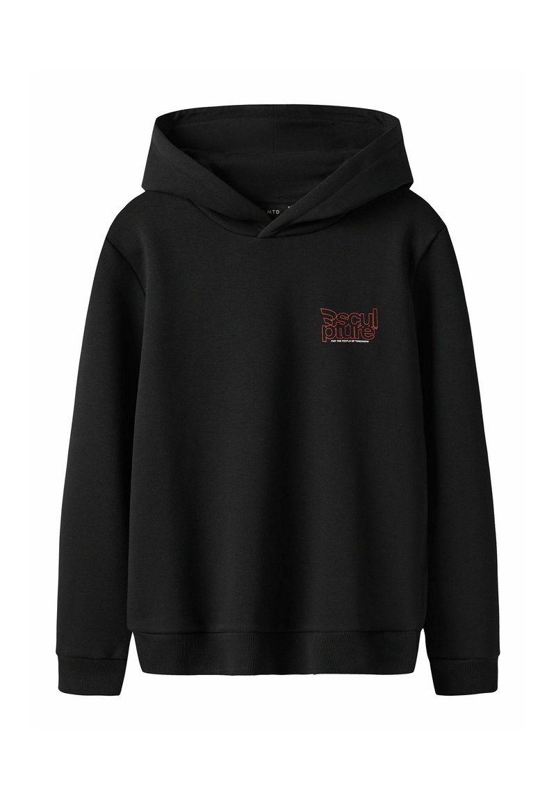 Svart sweatshirt med huva, med en liten röd logotyp på bröstet. Tillverkad av ett slätt, mjukt tyg med ribbade manschetter och nederkant.