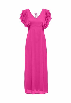 Fuchsia-maxikleid aus leichtem Stoff, mit tiefem V-Ausschnitt, gerafften Cap-Ärmeln und einer Bindeschleife am Rücken.