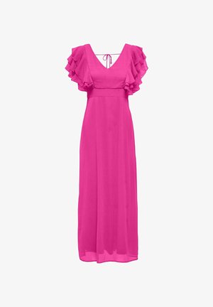 Fuchsia-maxikleid aus leichtem Stoff, mit tiefem V-Ausschnitt, gerafften Cap-Ärmeln und einer Bindeschleife am Rücken.