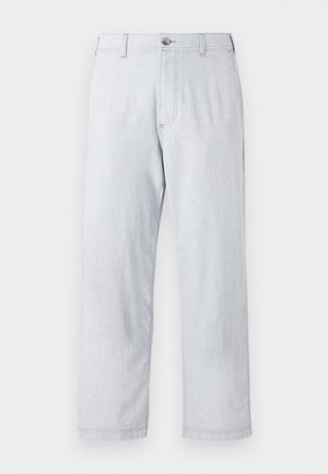 Light gray, straight-leg pants made of textured fabric. Features a front button closure and belt loops. No visible patterns or accents.