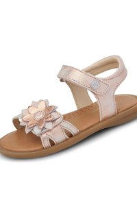 Sandali metallici rosa con applicazione floreale, design open-toe, cinturino regolabile e soletta imbottita. Suola in gomma piatta.