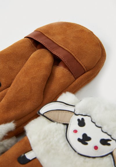 Moufles en daim marron avec une bordure en cuir, ornées d'un motif de mouton blanc et duveteux d'un côté, et dotées d'un intérieur doux pour la chaleur.