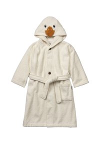 Accappatoio color crema realizzato in morbido tessuto testurizzato, dotato di un cappuccio a forma di anatra con becco in feltro marrone e due tasche frontali.