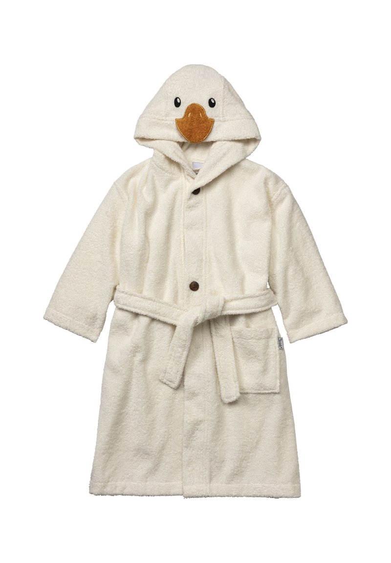 Accappatoio color crema realizzato in morbido tessuto testurizzato, dotato di un cappuccio a forma di anatra con becco in feltro marrone e due tasche frontali.