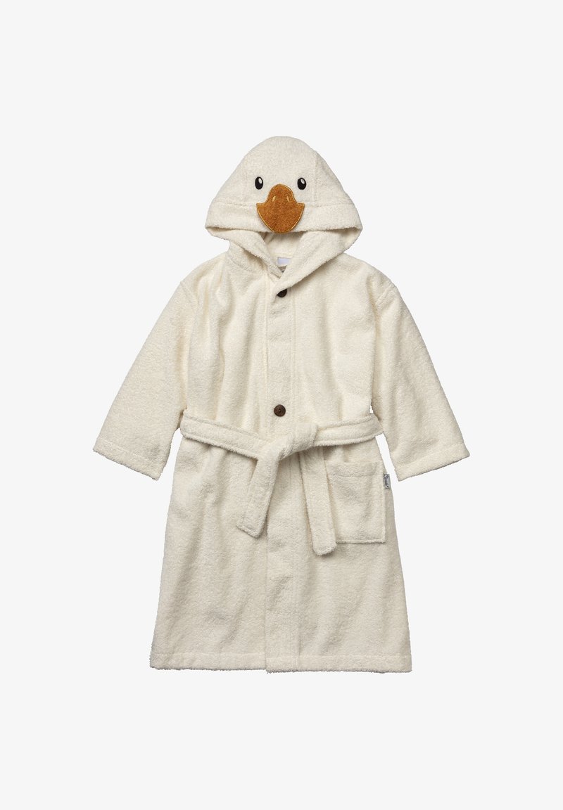 Cream-colored bathrobe made of soft, textured fabric, featuring a duck-shaped hood with a brown felt beak and two front pockets.