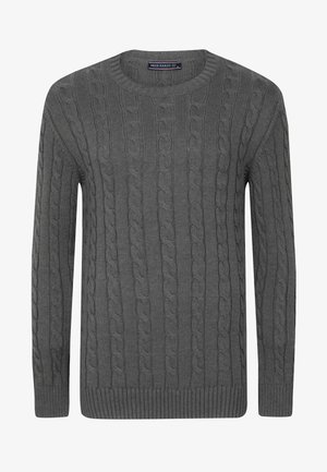 Szary sweter dzianinowy z okrągłym dekoltem, długimi rękawami i ryflowanym wykończeniem. Posiada teksturowane wzory oraz miękki materiał.