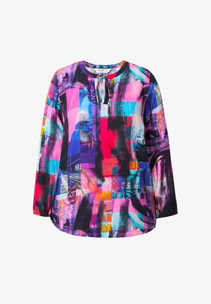 Barevný dlouhý rukáv top s různorodými grafickými vzory v růžové, modré a černé. Obsahuje kulatý výstřih s detailem na zavázání.