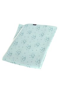 Light blue muslin blanket with white trim, featuring a repeated pattern of outlined bears and stars. Soft texture, rectangular shape.