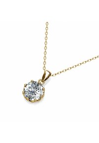 Gouden halsketting met een ronde, heldere kristallen hanger vastgezet met zes pootjes, met een delicate ketting en een gepolijste afwerking.