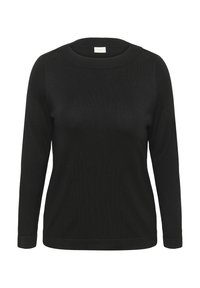 Pull noir à manches longues avec un col rond, texture côtelée et ourlet droit. Fabriqué dans un tissu doux et lisse. Design minimaliste.
