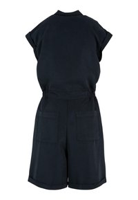 Combinaison bleu marine à manches courtes, col, taille élastique et quatre poches. Fabriquée dans un tissu doux avec une coupe décontractée.