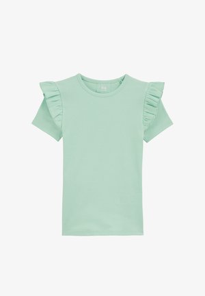 Miętowa koszula z krótkim rękawem wykonana z teksturowanego prążkowanego materiału, z falbankami na rękawach. Posiada okrągły dekolt i prosty design.