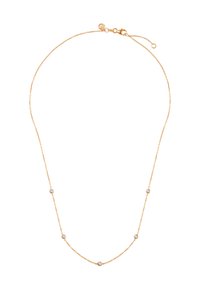 Naszyjnik w kolorze złotym z cienkim łańcuszkiem, ozdobiony pięcioma przezroczystymi okrągłymi kamieniami równomiernie rozmieszczonymi wzdłuż długości. Zawiera regulowane zapięcie.