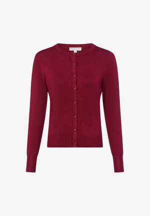 Burgunderfarbener Cardigan aus weich gestricktem Stoff, mit Rundhalsausschnitt, langen Ärmeln und durchgehender Knopfverschluss vorne.