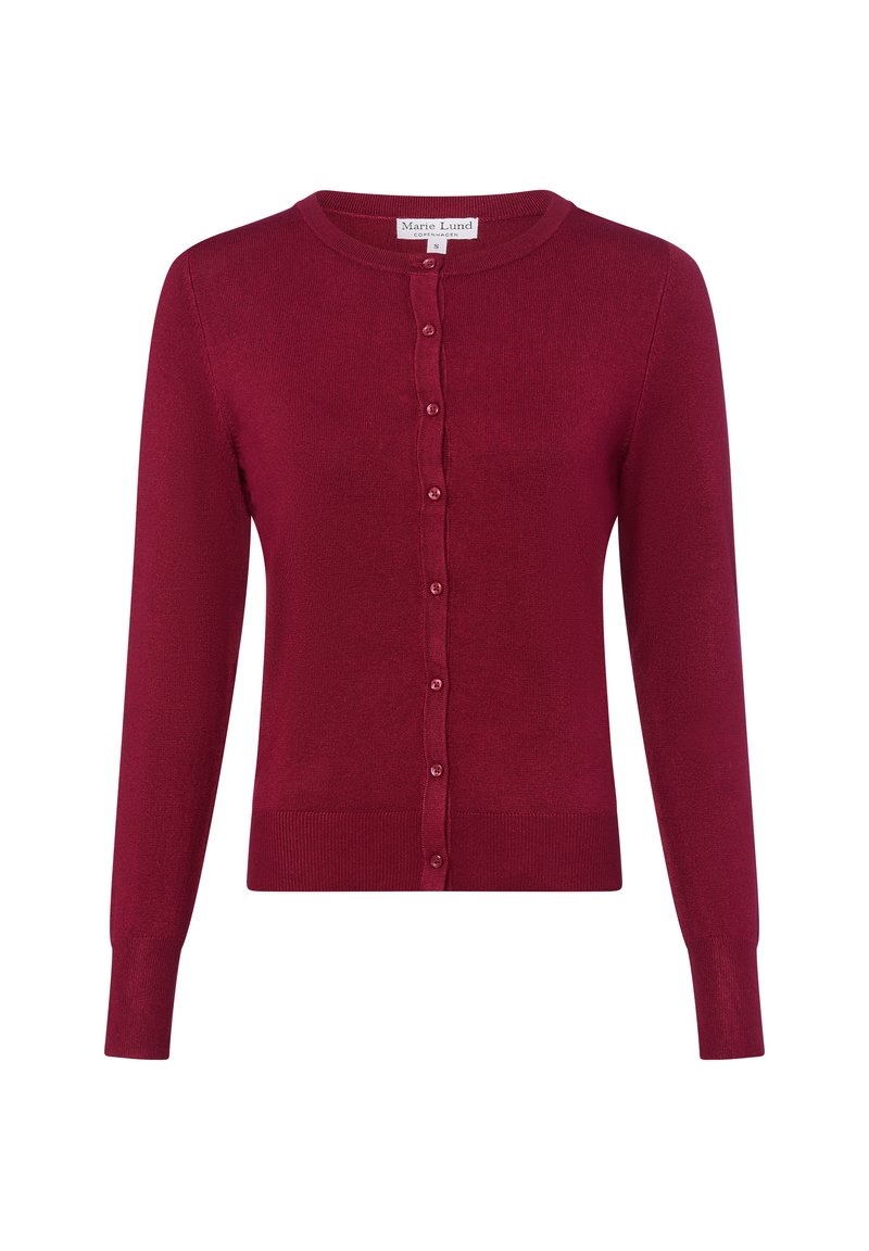 Burgundzka kardigan z miękkiej dzianiny, z okrągłym dekoltem, długimi rękawami i pełnym zapięciem na guziki z przodu.