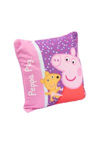 Cuscino quadrato e soffice che presenta Peppa Pig e un personaggio giallo. I colori includono il rosa, il viola e l'azzurro chiaro con un motivo a cuori.