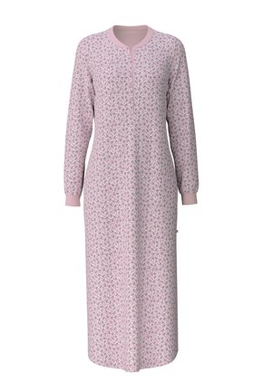 Langärmliges, pinkes Nachthemd mit Blumenmuster in Blau und Lila. Es hat einen runden Ausschnitt und eine geknöpfte Leiste.