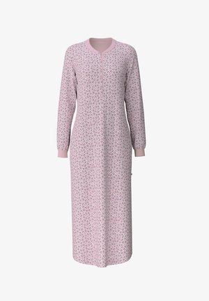 Langärmliges, pinkes Nachthemd mit Blumenmuster in Blau und Lila. Es hat einen runden Ausschnitt und eine geknöpfte Leiste.