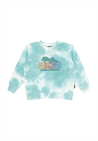 Světle modrý tie-dye svetr vyrobený z bavlny, s žebrovaným kulatým výstřihem a manžetami, zdobený barevným logem "Quiksilver" a designem palmy.