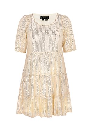 Īsām piedurknēm paredzēta kleita, izgatavota no mirdzoša bēša auduma, ar vertikālām uzšūtu pērlīšu rakstiem un pakāpenisku apakšmalu. Apaļa kakla izgriezums, brīvs piegriezums un maiga tekstūra.