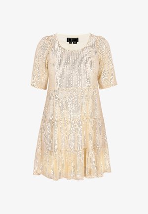 Īsām piedurknēm paredzēta kleita, izgatavota no mirdzoša bēša auduma, ar vertikālām uzšūtu pērlīšu rakstiem un pakāpenisku apakšmalu. Apaļa kakla izgriezums, brīvs piegriezums un maiga tekstūra.