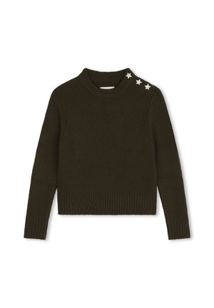 Pull en maille côtelée vert foncé avec un col rond et trois accents en forme d'étoile argentée sur l'épaule gauche. Design court.