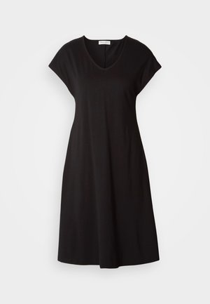 Black cap-sleeve dress with a V-neckline. Made of soft, lightweight fabric. A-line silhouette that falls slightly above the knee. No patterns or accents.