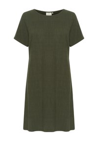 Vestido de manga corta, hasta la rodilla, en verde oscuro, hecho de un tejido suave con una textura lisa. Cuenta con un escote redondo y bolsillos laterales.