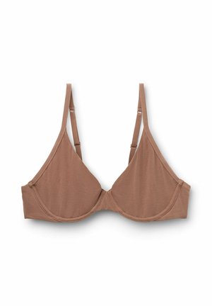 Bruin katoenen driehoekbeha met verstelbare bandjes en zachte cups. Heeft een gladde textuur en minimale stikseldetails.