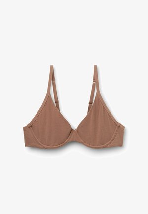 Bruin katoenen driehoekbeha met verstelbare bandjes en zachte cups. Heeft een gladde textuur en minimale stikseldetails.