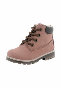 Stivaletto in pelle rosa polveroso per bambini con lacci marroni, colletto imbottito nero e suola robusta marrone per l'uso all'aperto.