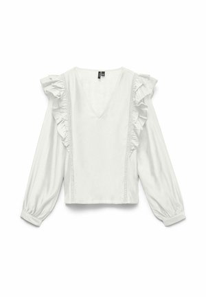 Blouse blanche à manches longues avec col en V, détails froncés aux épaules et bordure en dentelle le long des coutures avant, poignets élastiques aux poignets.