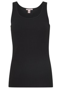 Canottiera nera a coste con scollatura tonda e tessuto finemente texturizzato, caratterizzata da una forma aderente e un design minimale.